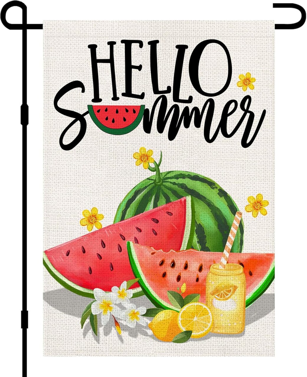 Hello Summer Garden Flags for Outside 12x18 Inch Double Sided Burlap, Watermelon Floral Lemon Sunshine Sign Small Flag Farmhouse Holiday Yard Lawn Outdoor Decorations